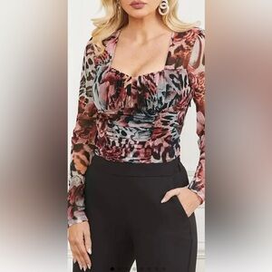 Marciano Leopard Rose Mesh Top Blouse Print